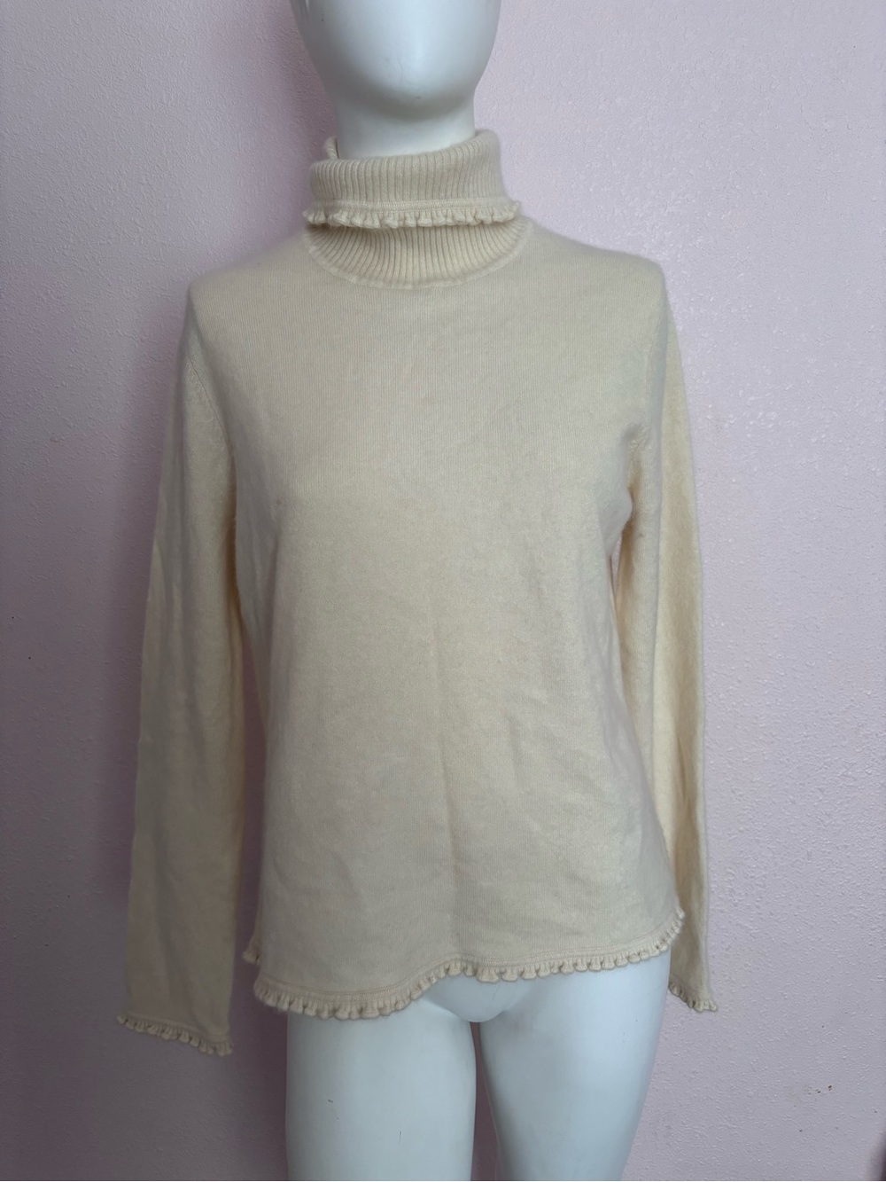 Jones New York Signature Angora Wool Blend Turtleneck Sweater Cream ruffle Trim - Picture 2 of 7